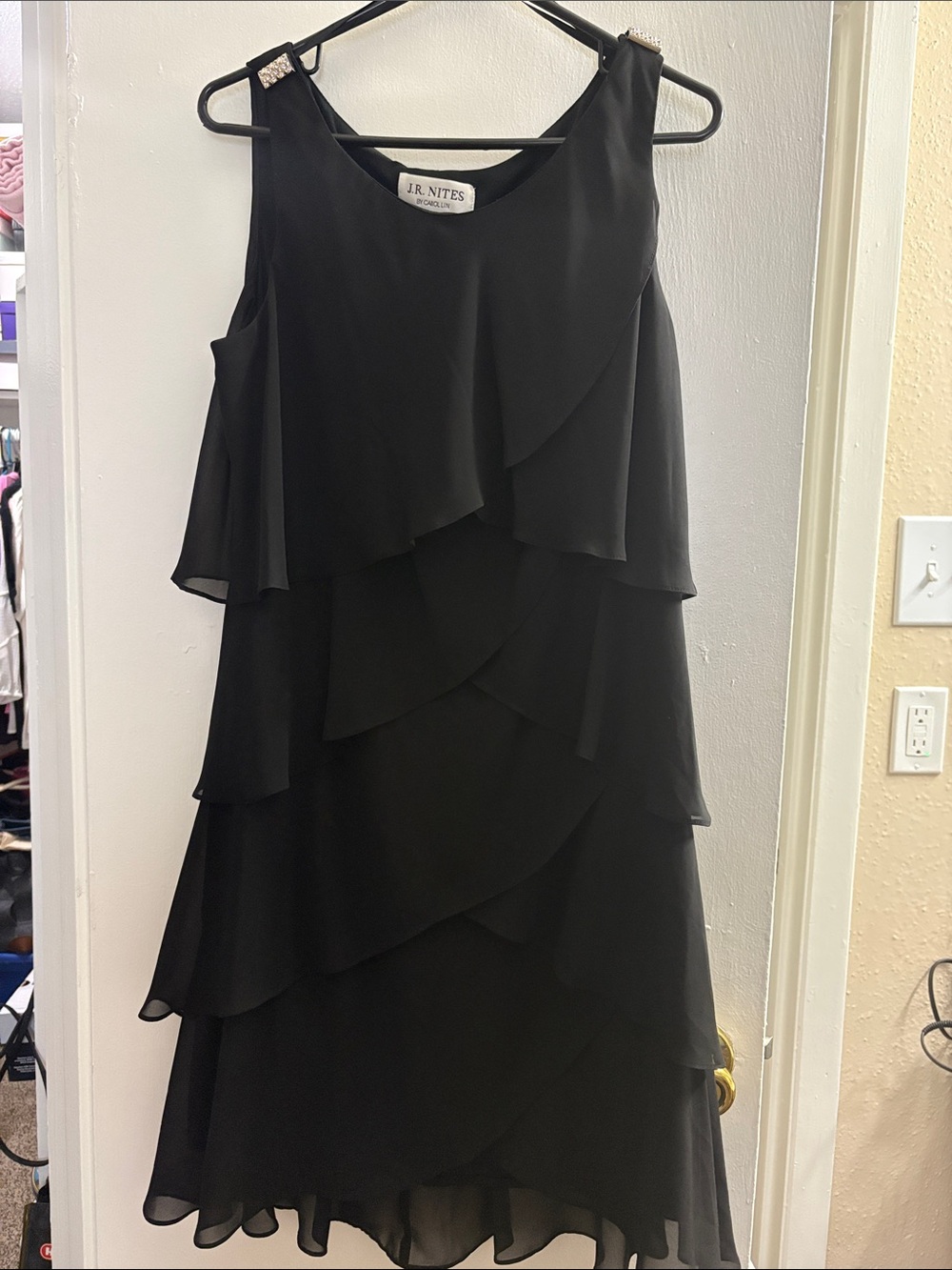 J.R. Nites Black Tiered Chiffon Midi Dress